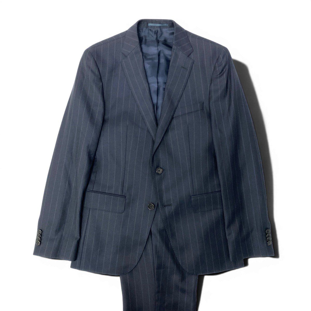 32e13 【美品】HUGO BOSS ヒューゴボス スーツセットアップ テーラードジャケット スラックス ストライプ REDA生地 46サイズ ネイビー ウール100％ メンズ 男性用u02t