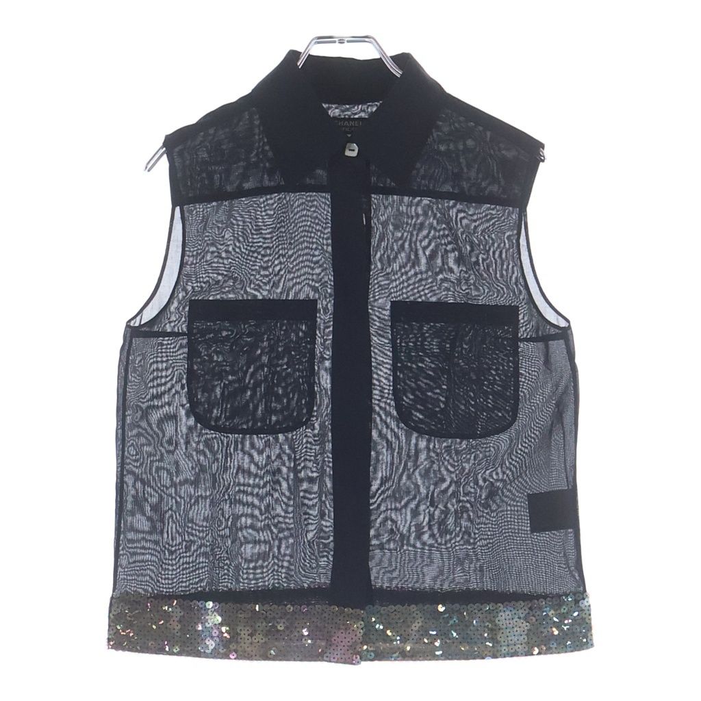 CHANEL (シャネル) スパンコール シアー ノースリーブブラウス ブラック #38 P14685W02592