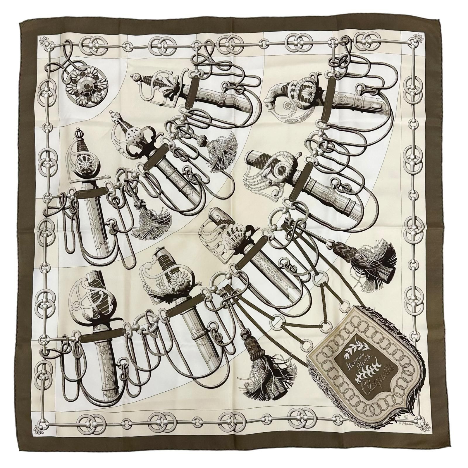 HERMES カレ90 CLIQUETIS シルク ブラウン×ベージュ スカーフ
