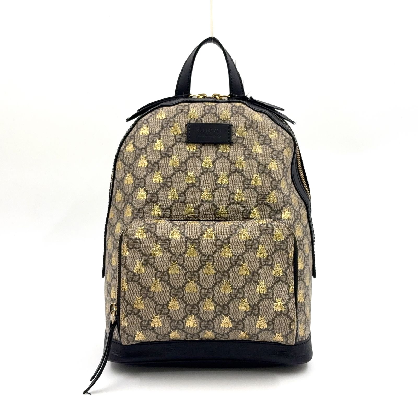 GUCCI GGスプリーム ビー レザー×PVC ブラック×ベージュ バックパック ゴールド 427042