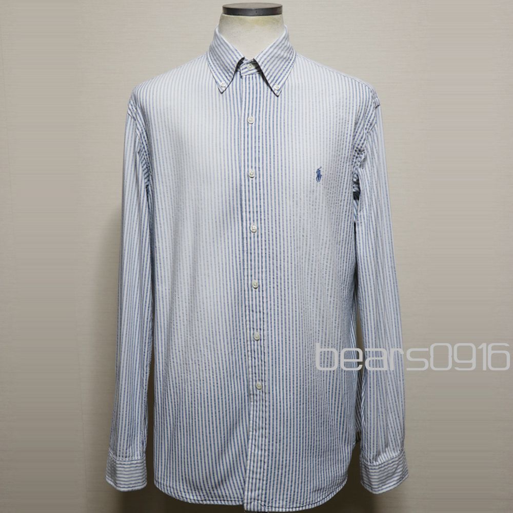 【正規品】ラルフローレン 90sCUSTOM FIT シアサッカー風ボタンダウンシャツ ストライプ白青 Lフェイド加工 美品 米国購入