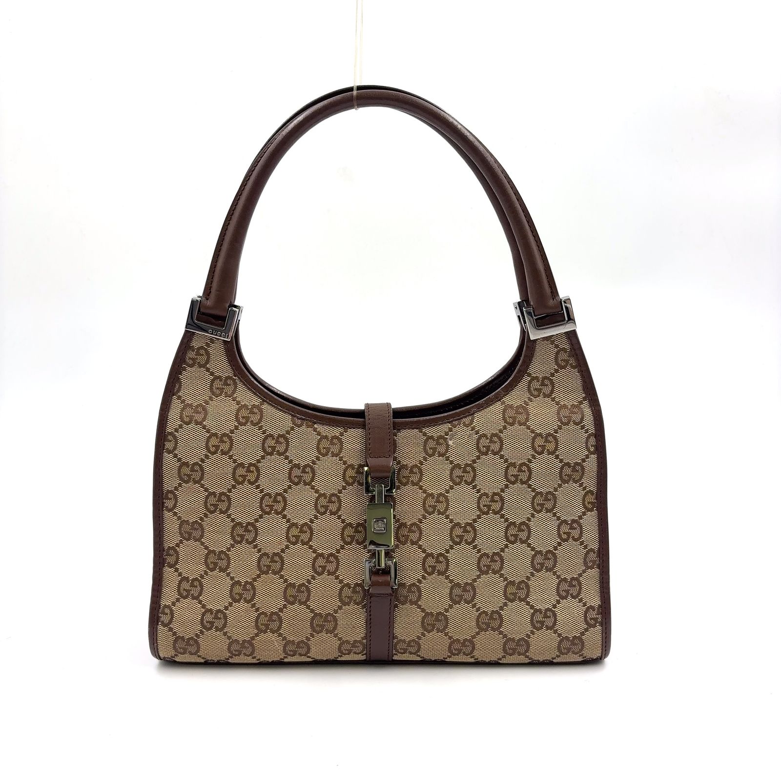 GUCCI GGキャンバス ジャッキー レザー×キャンバス ダークブラウン×ブラウン ハンドバッグ シルバー 002・1068