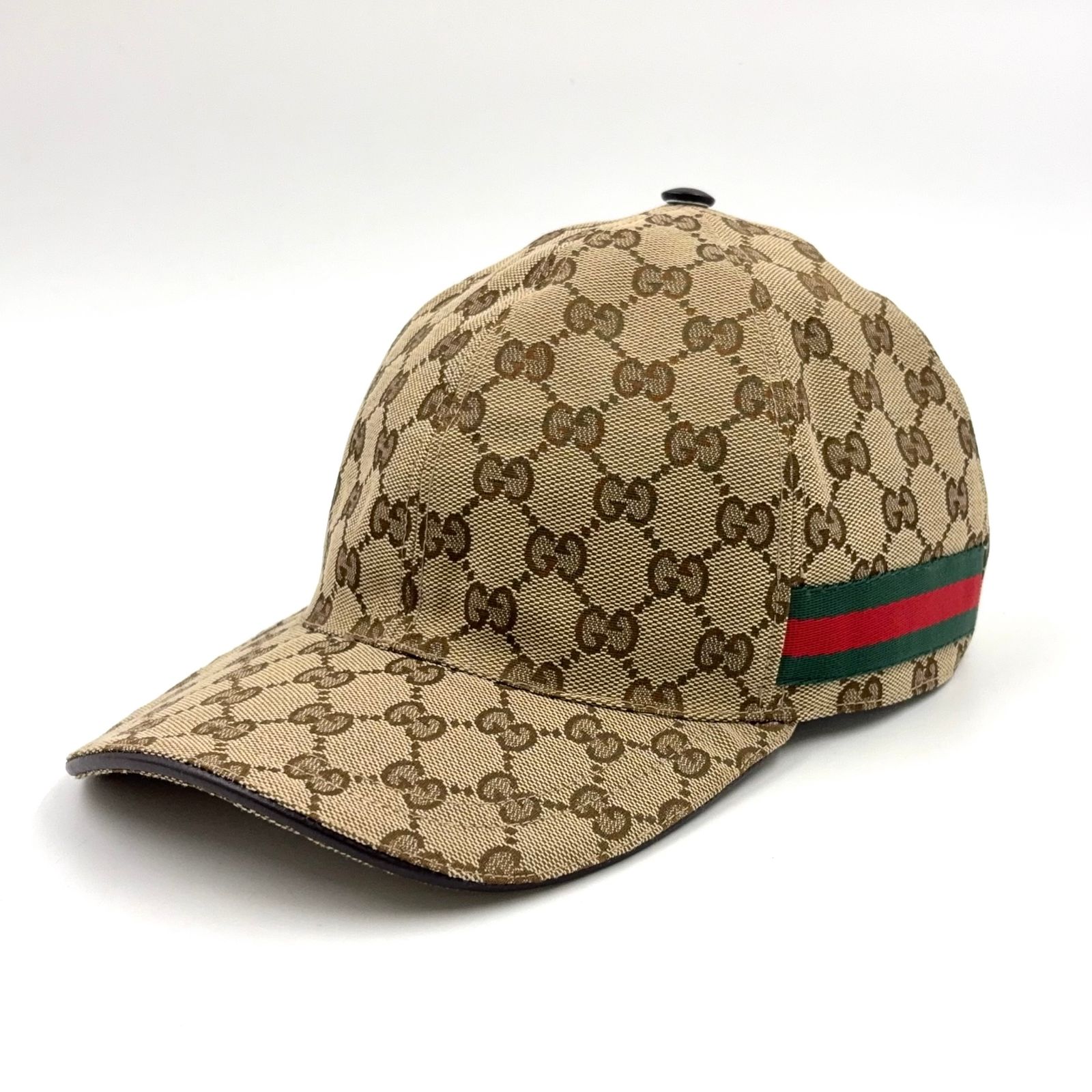 GUCCI GGキャンバス レザー×キャンバス ダークブラウン×ベージュ×マルチカラー ベースボール帽子 ゴールド 200035
