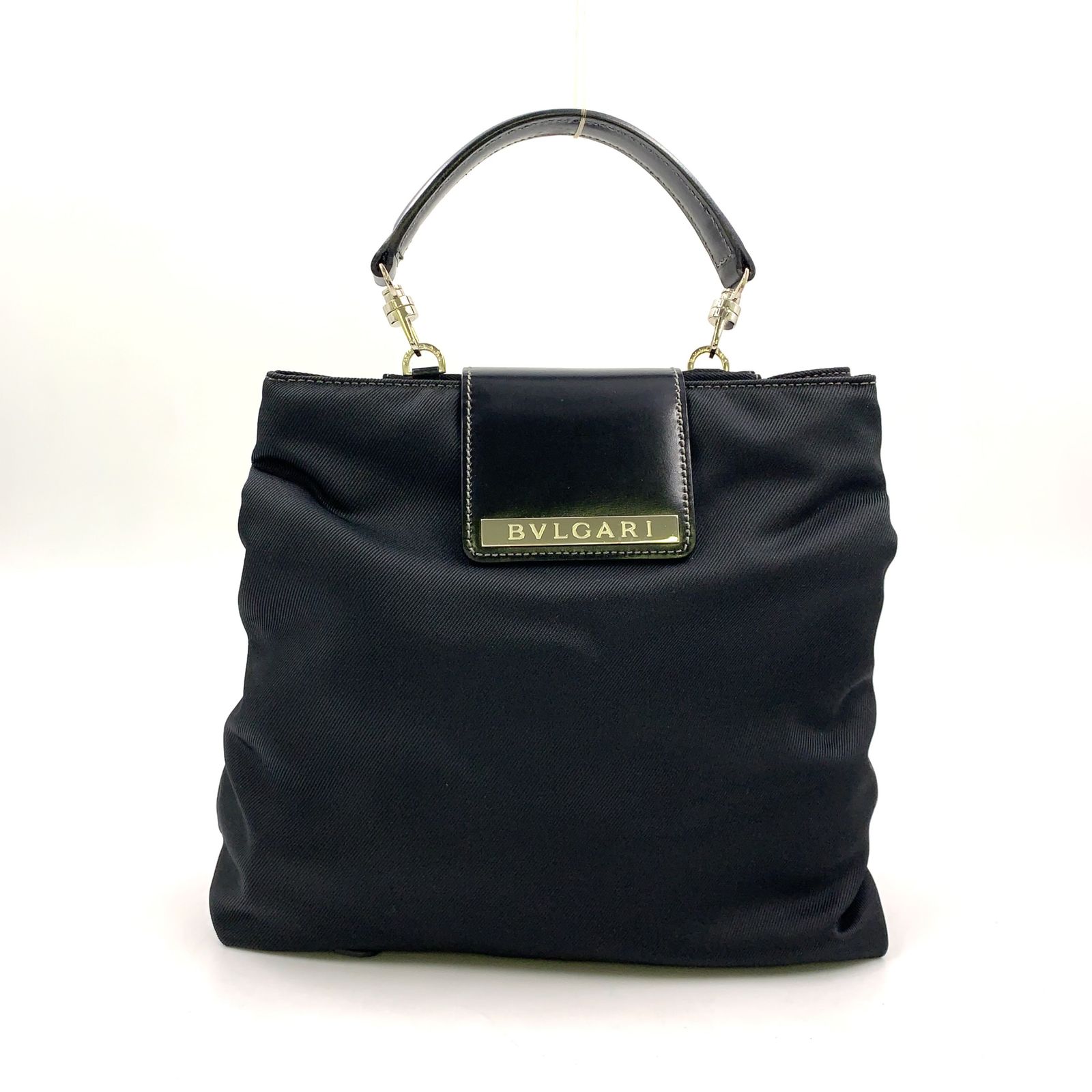 BVLGARI ロゴプレート 2WAYハンド レザー×ナイロン ブラック バックパック シルバー