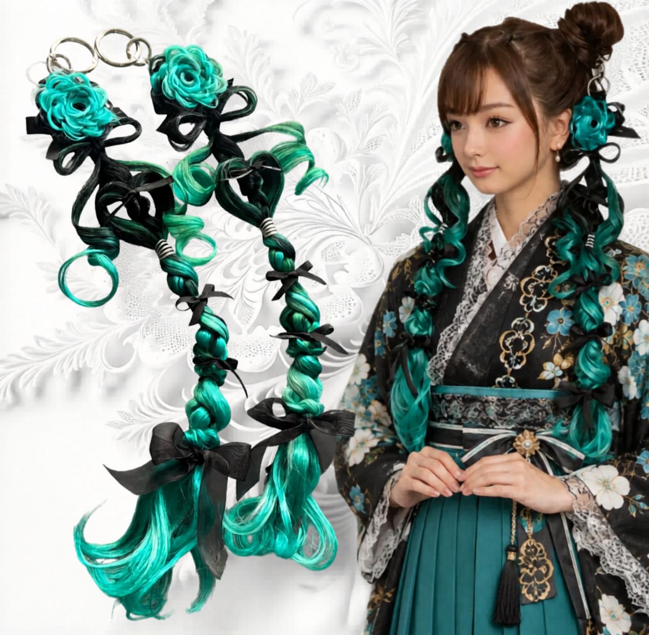 【現品限り】成人式・卒業式に　お花ハートリボン　エクステ　ポニーテールリング（グリーン系×ブラック）2本セット　リングエクステ　地雷系