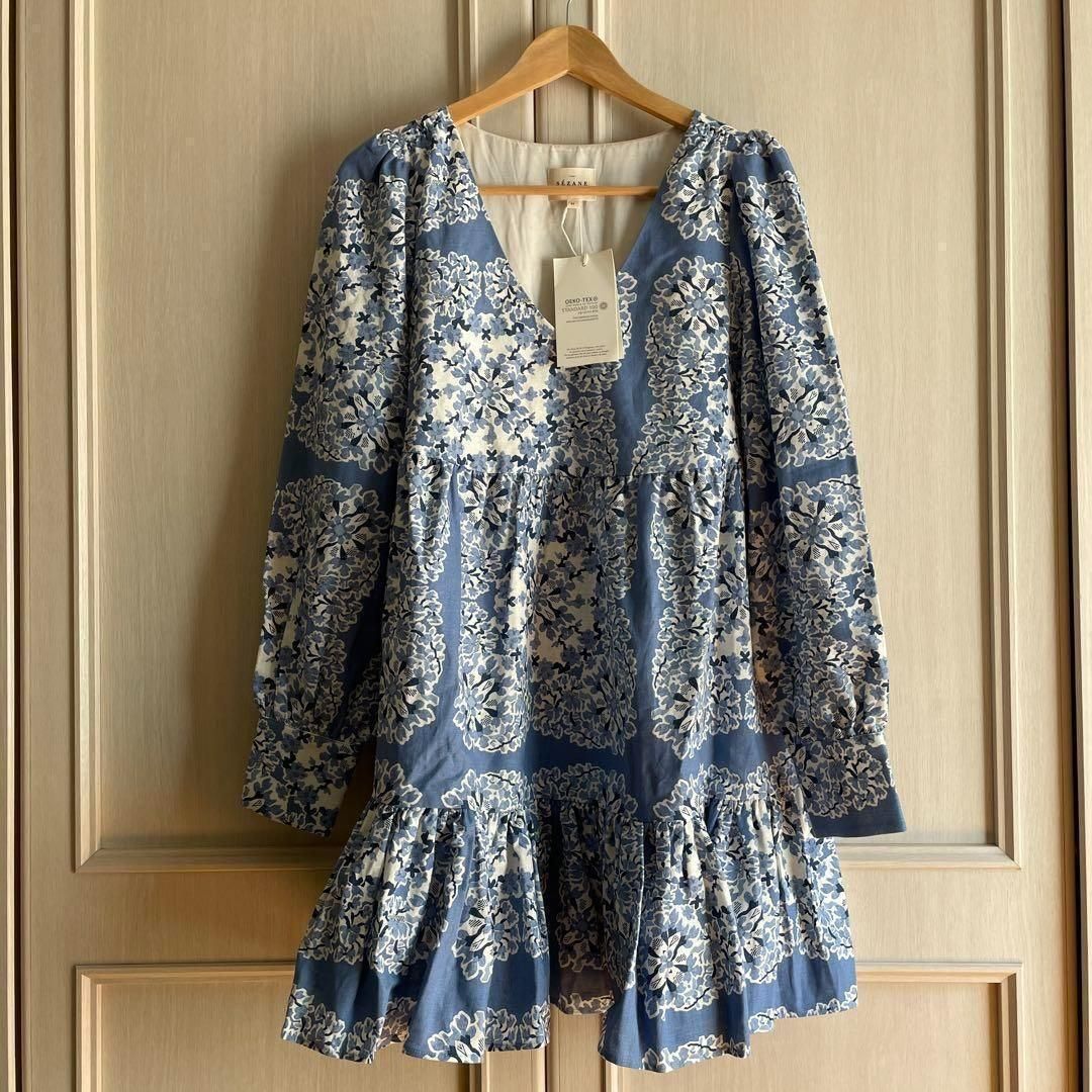 55 セザンヌ SEZANE 花柄 総柄　ミニ　one-piece　ワンピース　ブラウス シャツ トップス　レディース　blouse　shirt　Tops　ladies　ブルー　お呼ばれ　デート　食事会　可愛い　お出かけ　上品　dress　ドレス