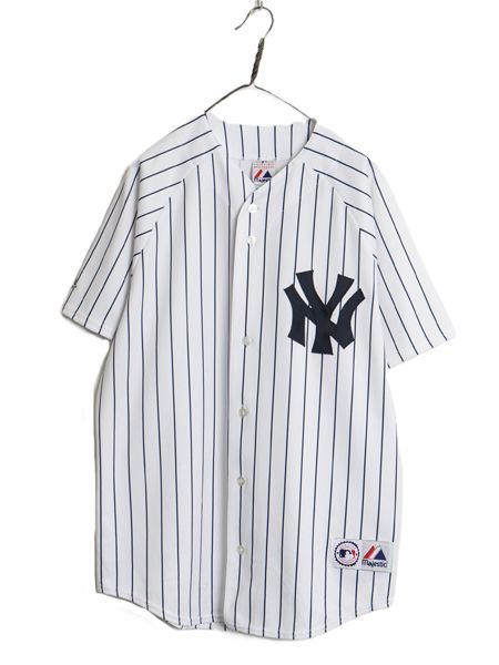 【お得なクーポン配布中!】 ヤンキース ベースボール シャツ メンズ L 程/ MLB オフィシャル マジェスティック 大リーグ ユニフォーム ゲームシャツ 重ね着 ストライプ