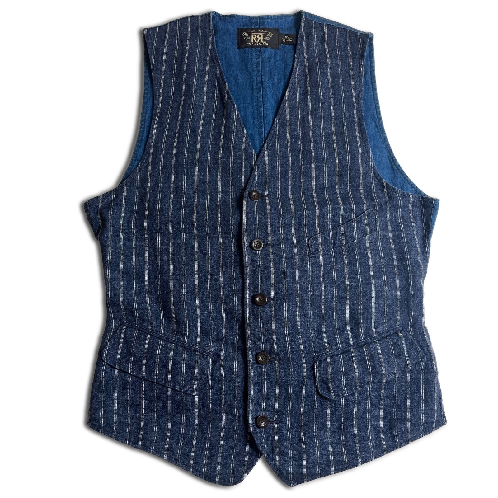 【ジョニーデップ着用】RRL Indigo Linen Striped Vest XS インディゴ リネン ストライプ ベスト ダブルアールエル 2000000012957