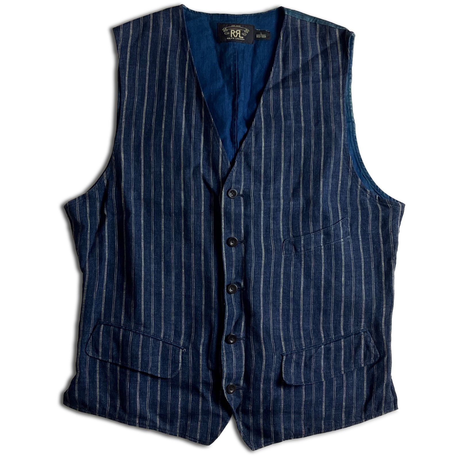 【ジョニーデップ着用】RRL Indigo Linen Striped Vest L インディゴ リネン ストライプ ベスト ダブルアールエル 2000000024868