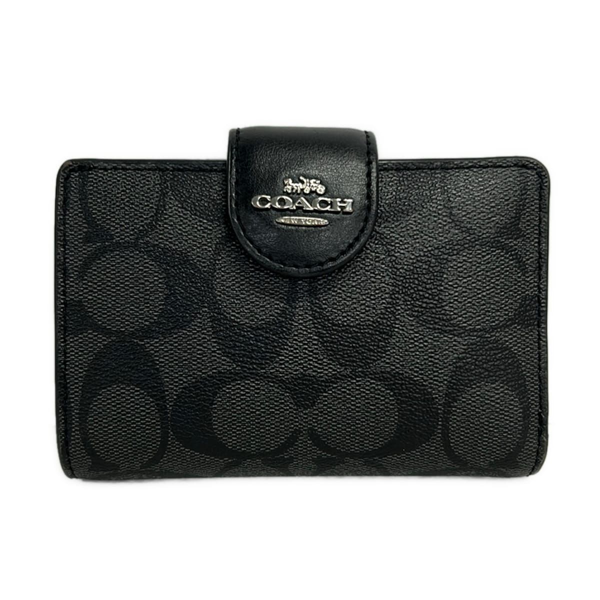 COACH(コーチ) 2つ折り財布 シグネチャー柄 黒×ダークグレー レザー