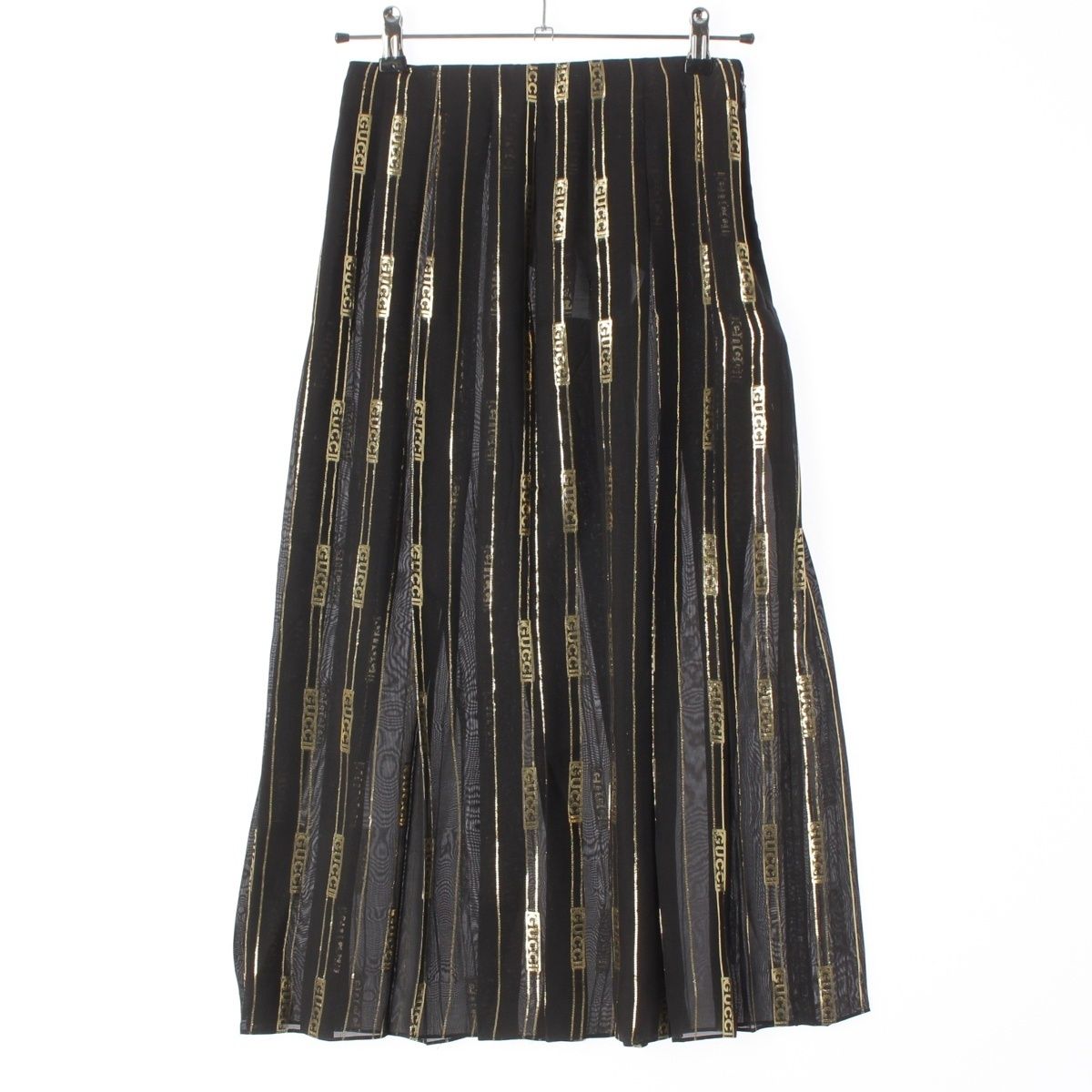グッチ DAPPER DAN シルク ロゴ ストライプ プリーツ スカート 409370 ブラック×ゴールド 36【中古】