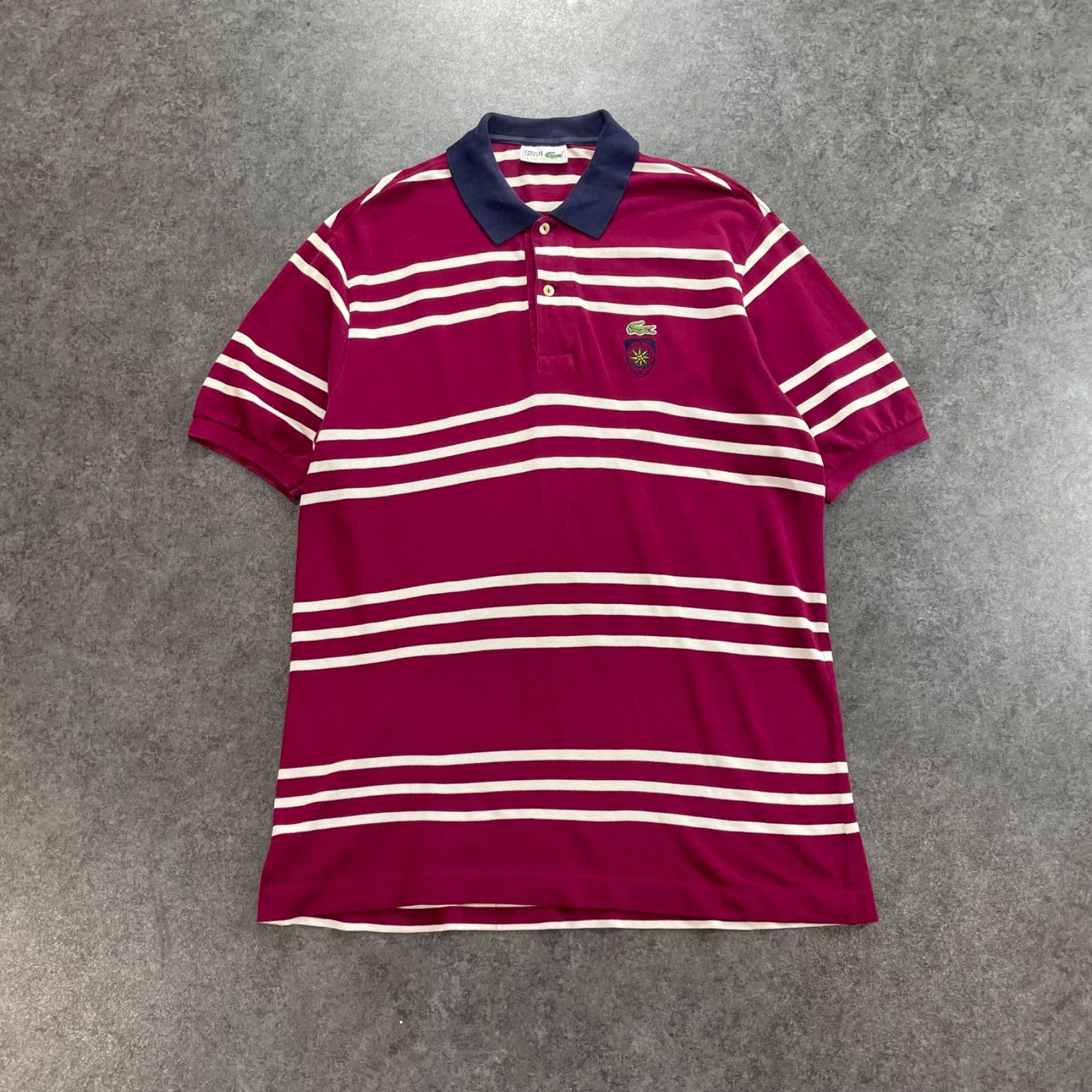 スペイン製 CHEMISE LACOSTE S/S Polo ラコステ ポロシャツ 鹿子 ボーダー ロゴ刺繍 バーガンディ メンズ 6 大きいサイズ