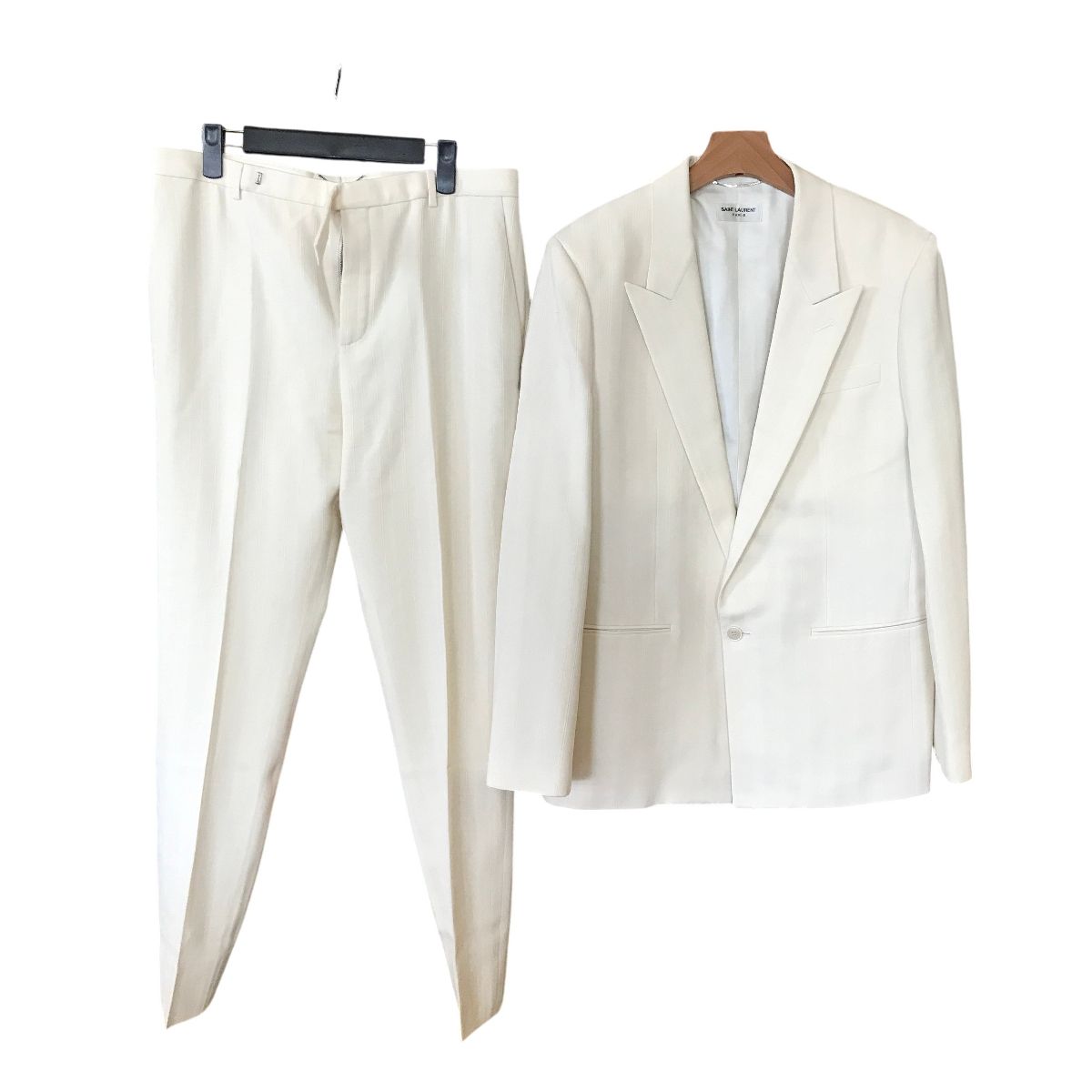 SAINT LAURENT ストライプ テーラード セットアップ スーツ クリーム ホワイト系 イタリア製 メンズ 中古 T10963735