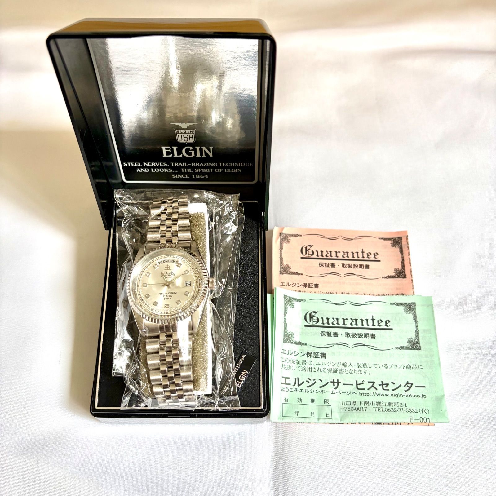 未使用/新品電池】ELGIN エルジン デイトクォーツ プラチナ 999.5 