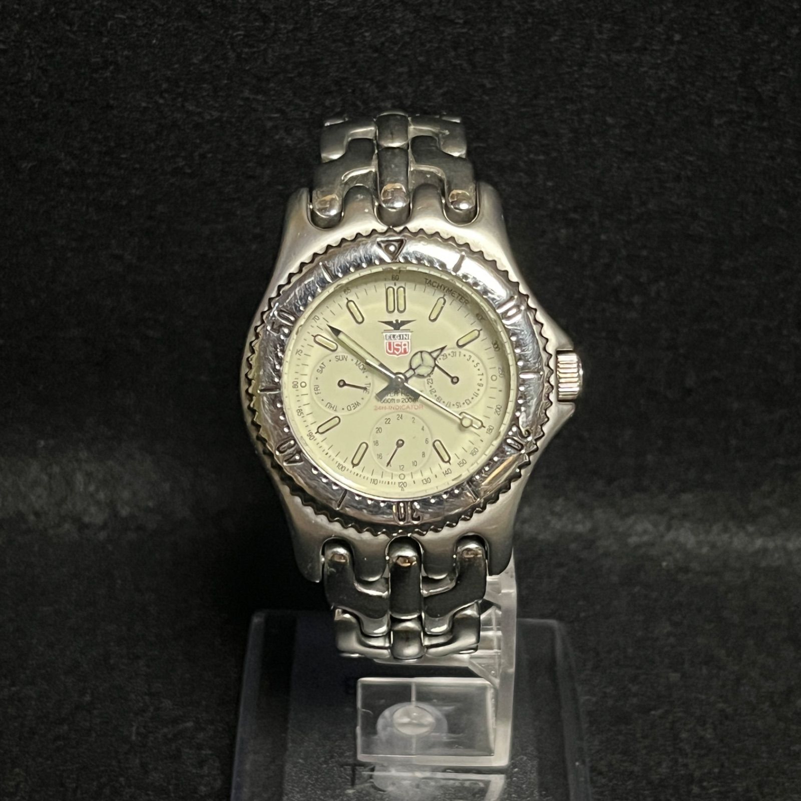 エルジン ELGIN FK-534-A 白黒文字盤 実働 モノクロ 回転ベゼル 腕時計