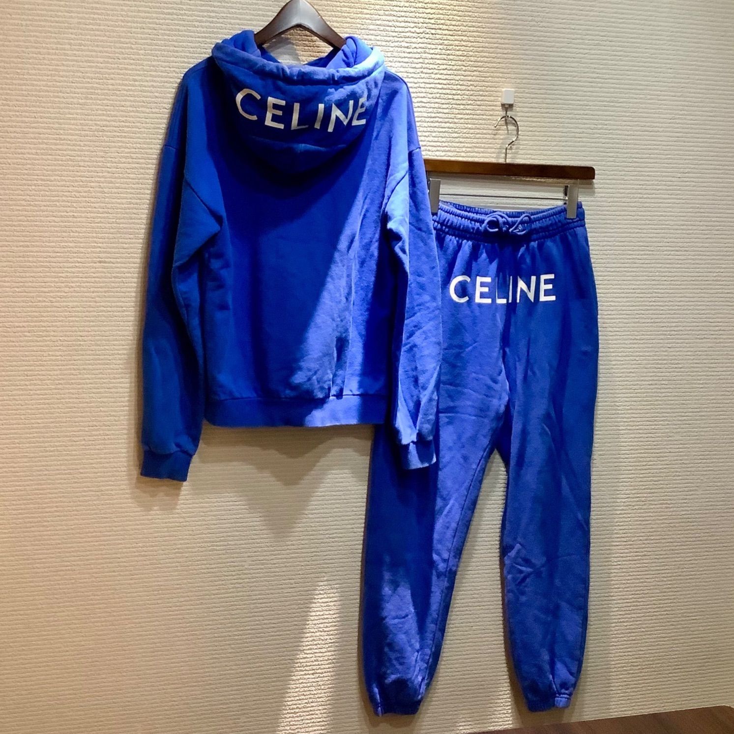 セリーヌ CELINE セットアップ ロゴプリント パーカー フーディー トレーナー スウェット パンツ 青 ブルー 白 ホワイト [XS] M52/T98