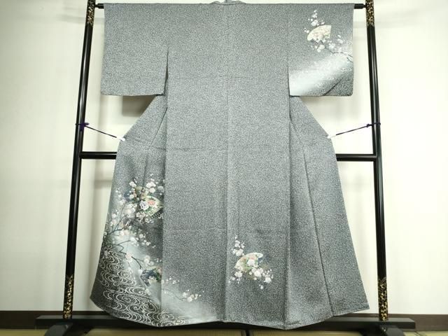 しつけ糸付【四点フルセット】訪問着→流水風景花鳥文　暈し染め　金銀彩　正絹　逸品 MO-00794 訪問着 地紙流水花鳥文 暈し染め 金彩 さが美扱い 正絹 逸品