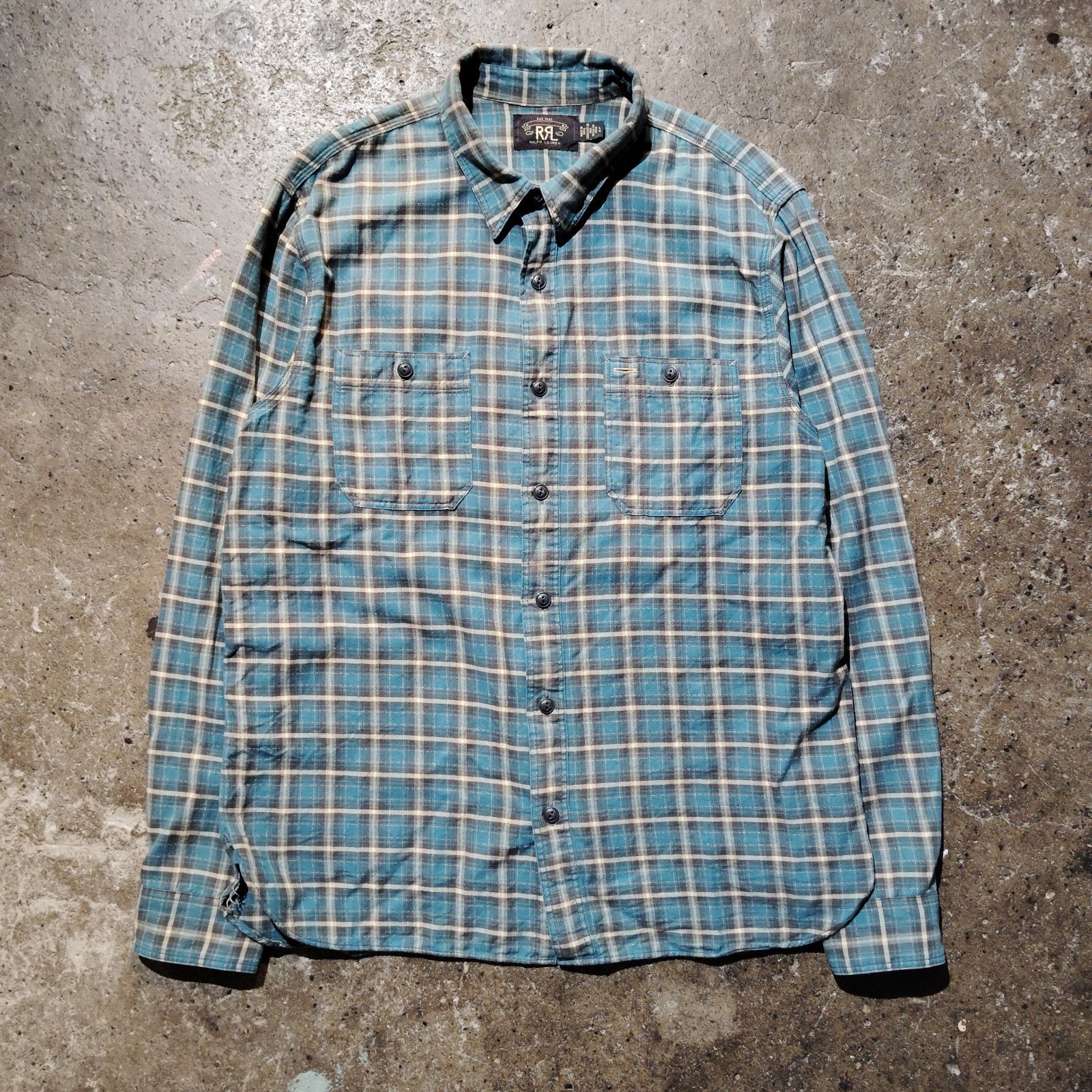 RRL チェックツイル ワークシャツ ダブルアールエル DOUBLE RL RALPH LAUREN ラルフローレン コットン ティール色 L