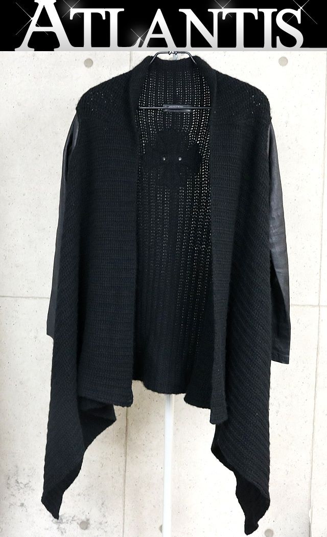 CHROME HEARTS 銀座店 クロムハーツ CHプラスパッチ レザー切り替え カシミヤニット ロング カーディガン メンズ size:S 黒 103268