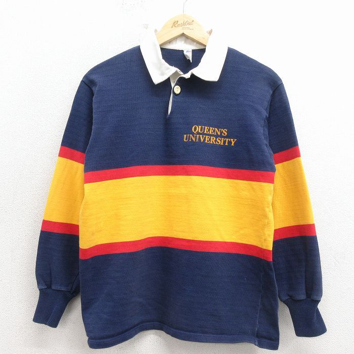 M/古着 長袖 ラガー シャツ メンズ 80年代 80s カレッジ コットン カナダ製 紺他【spe】 26apr16
