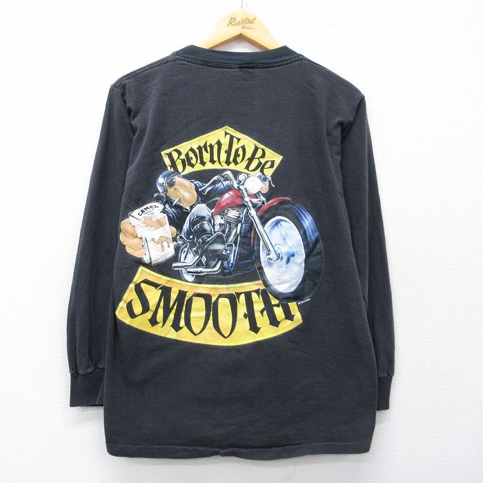 L/古着 長袖 ビンテージ Tシャツ メンズ 90年代 90s キャメル タバコ バイク 胸ポケット付き コットン クルーネック USA製 黒【spe】 26apr16