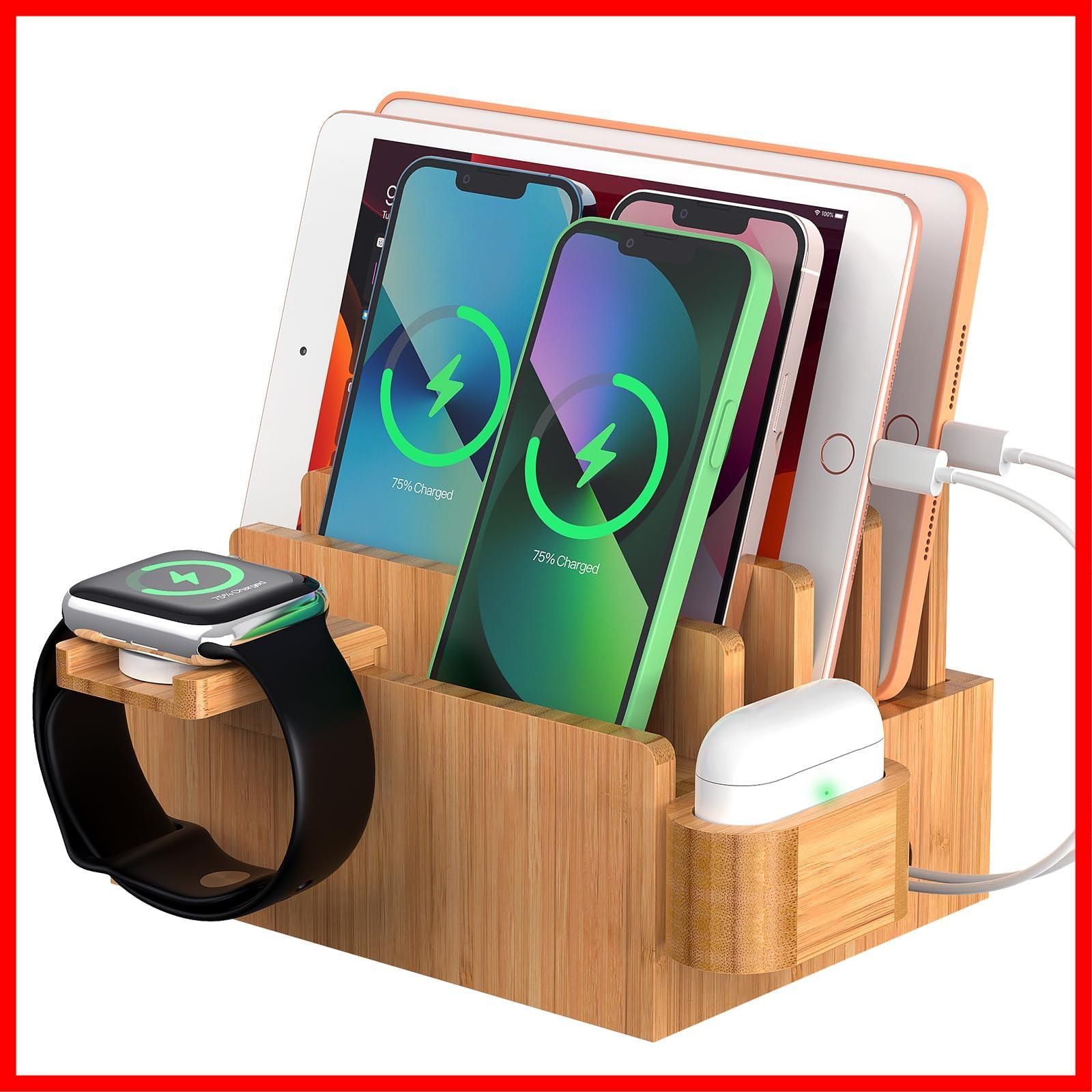 【在庫セール】複数のデバイスをまとめて充電可能 ドッキングステーション 竹製 スマホ充電スタンド モバイルバッテリをスッキリ収納でき、スマホ/タブレット/スマートウォッチ/イヤホンなど対応でき Hulin & Pezin