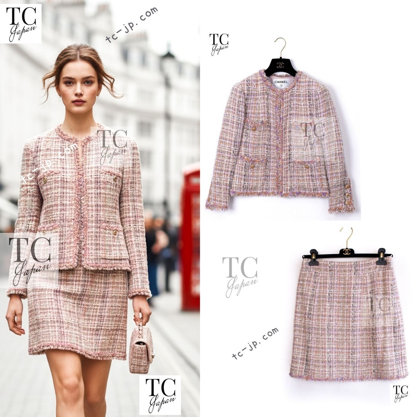 シャネル ジャケット スーツ CHANEL ピンク ベージュ ノーカラー ツイード スカート ココボタン カール・ラガーフェルド 貴重 超美品 36