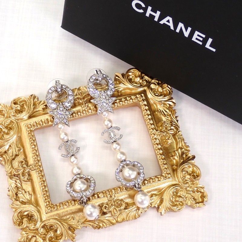 シャネル CHANEL ココマーク カメリア スター C20P ロング ピアス メタル フェイクパール ラインストーン シルバー レディース【中古】【Aランク】