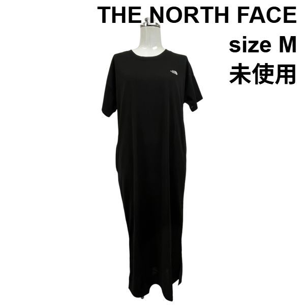 □ 未使用 ザノースフェイス THE NORTH FACE カットソー ワンピース ロング丈 半袖 スリット ロゴ刺繍 黒 M 9号 レディース S6E170