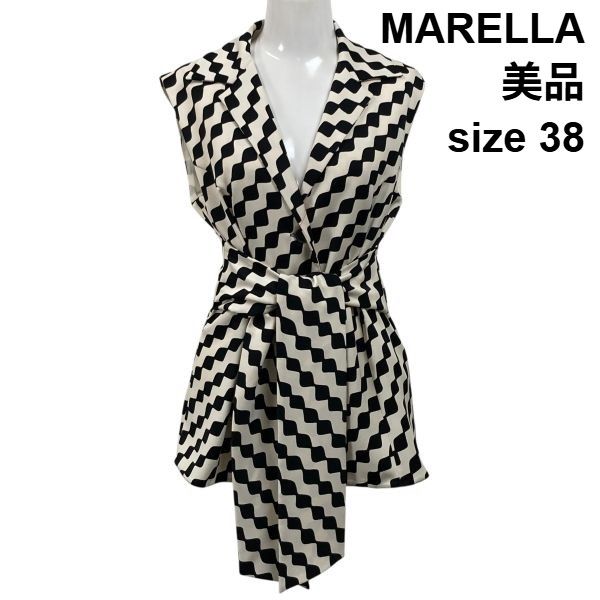 ◇ 美品 マレーラ MARELLA 麻混 幾何学柄 ノースリーブジレ ベスト テーラードカラー ウエストリボン付 麻 綿 38 M 9号 レディース S6E151