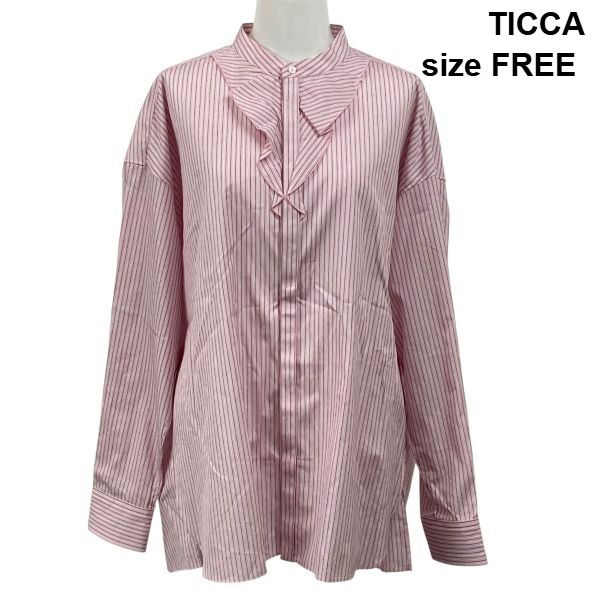 TICCA 定番✨ノーカラーシャツ　ストライプ ◇ ティッカ TICCA コットン100% ノーカラーフリル ストライプシャツ