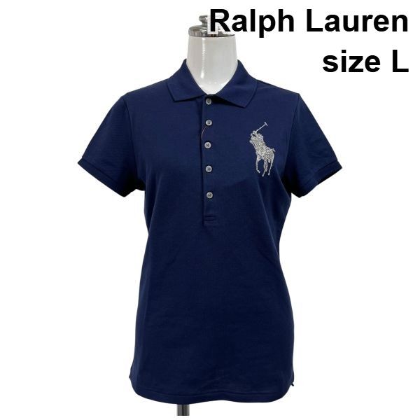 □ ラルフローレン Ralph Lauren ポロシャツ トップス 半袖 ラインストーン ネイビー 綿 L 11号 レディース S6E144