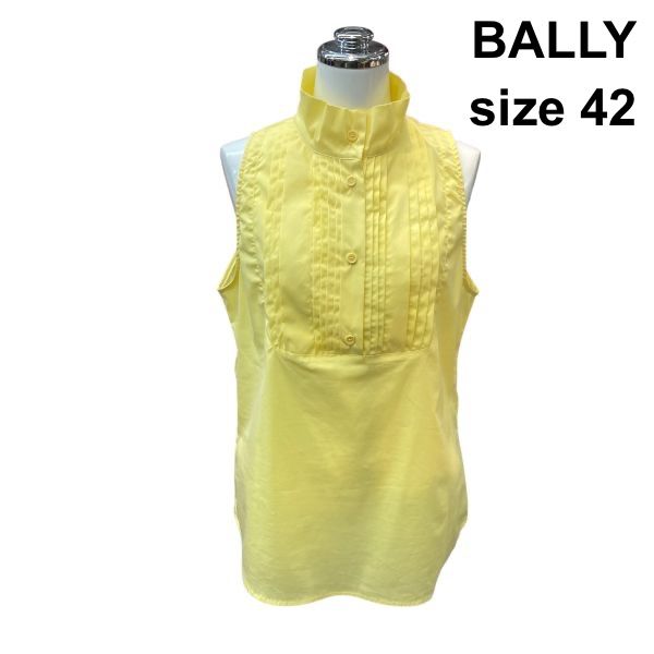 □ バリー Bally ブラウス ノースリーブ スタンドカラー ピンタック 前ボタン シャツ トップス 黄色 綿混 42 3L 15号 レディース Z6C726