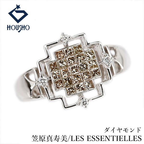笠原真寿美/レ・エッセンシャル ダイヤモンド リング K18ホワイトゴールド LES ESSENTIELLES 作家 デザイナー クロス 十字 ミステリーセッティング 透かし プリンセスカット 変形カット ファンシーカット 中古 宝正 907136