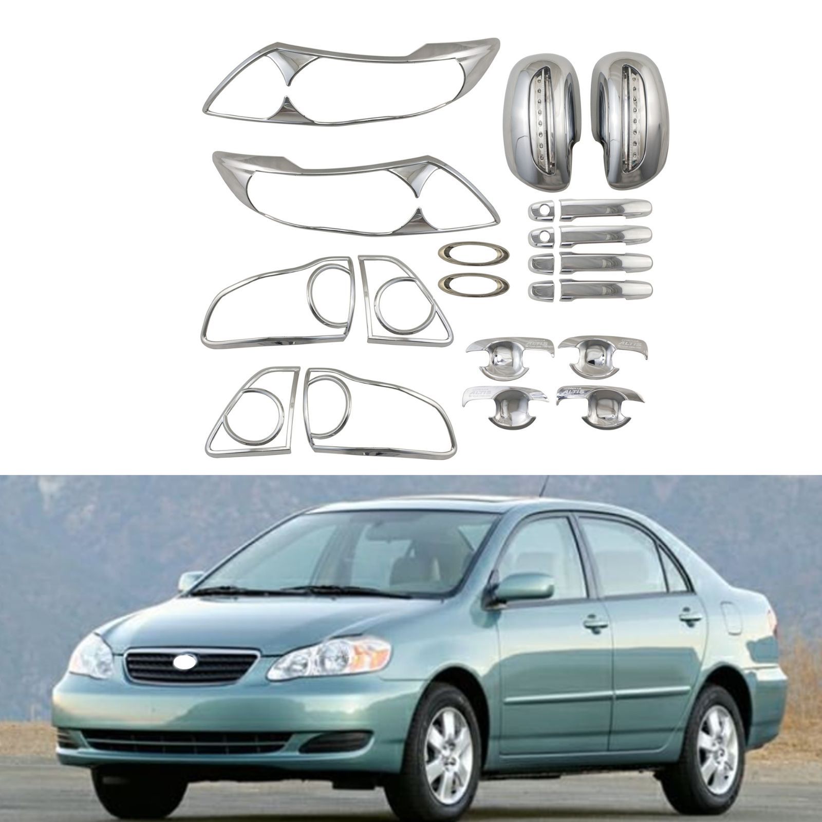 トヨタ Toyota カローラ Corolla 2008年対応 ドアハンドルカバー ドアミラーカバー メッキシルバー 外装ガーニッシュ セット ABS製 装飾用 車体アクセサリー 傷防止 汚れ防止 光沢感アップ 貼付け式 パーツ ドレスアップ カスタム感アップ