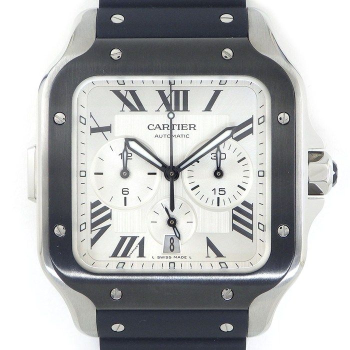 カルティエ Cartier 腕時計 サントス XL WSSA0052 スクエア シルバー文字盤 ローマンインデックス デイト クロノグラフ スモールセコンド 夜光針 ラバーベルト SS 自動巻き 【箱・保付き】 【中古】
