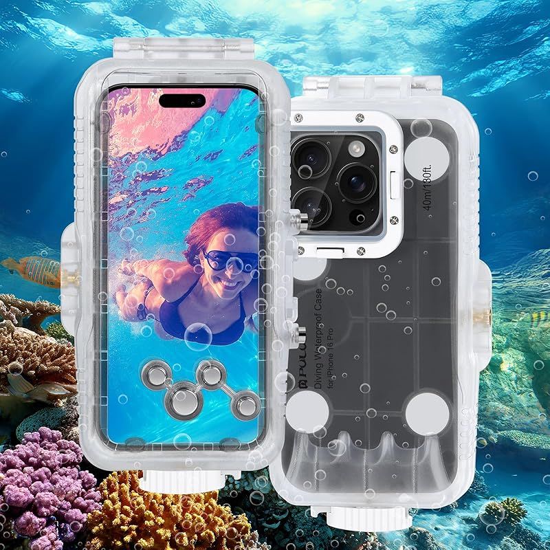 【新品】 【iOS 26には対応していません】PULUZ iPhone 16 Pro用 防水ケース 40m/130ft ダイビング IPX8潜水ケース16 Pro用 強化ガラス+PC+ABS素材 防衝撃 防塵 赤フィルター付き（シュノーケリング・サーフィン・ス