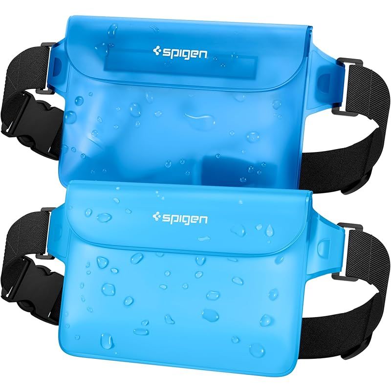 【新品】 Spigen 完全防水 ウエストポーチ 2枚セット 小物 IPX8認証 海 プール 川 旅行 アウトドア スマホ収納可能 三重チャック ベルクロ PVC 大容量 防水バッグ A620 AMP06020 (シー・ブルー)