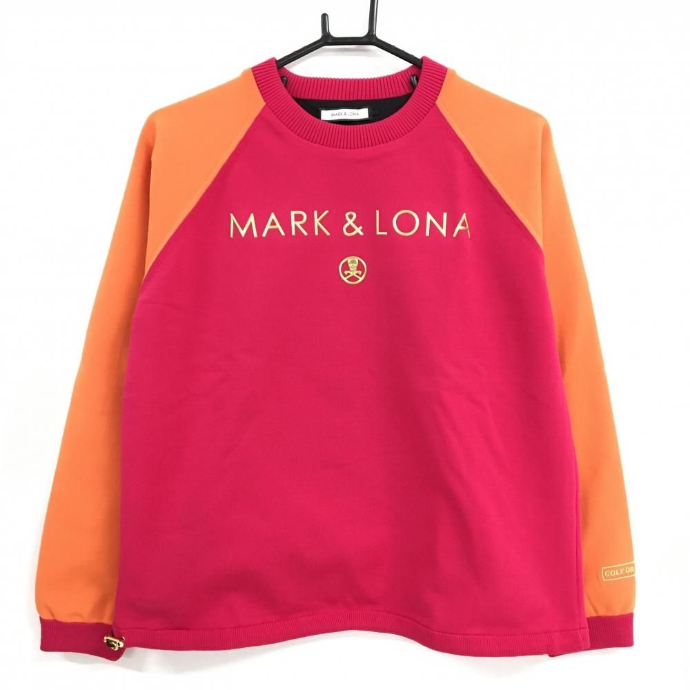 【超美品】マークアンドロナ 裏地付セーター ピンク×オレンジ ロゴゴールド レディース 40(L) ゴルフウェア MARK＆LONA