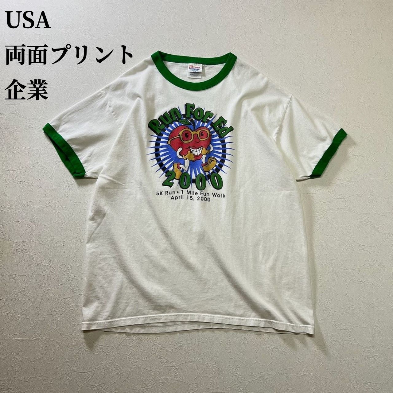 USA　リンガーT　両面プリント　企業　りんご　Tシャツ　ホワイト　グリーン　XL 古着