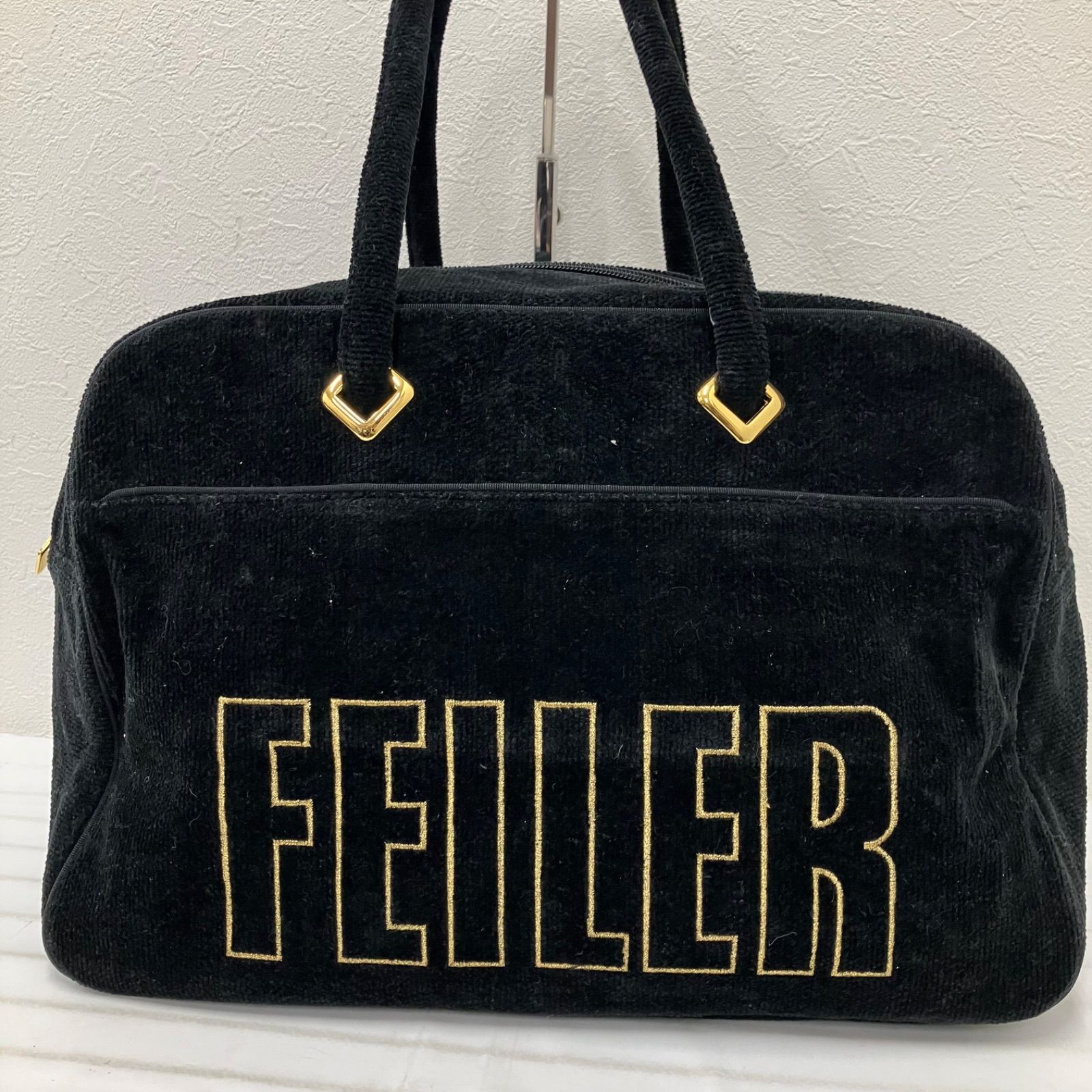 Y2957　FEILER　フェイラー　ボストンバッグ　ブラック　黒　無地　ゴールド刺繍　ロゴ　ゴールド　レディース　シュニール織り　シンプル　きれいめ　上品