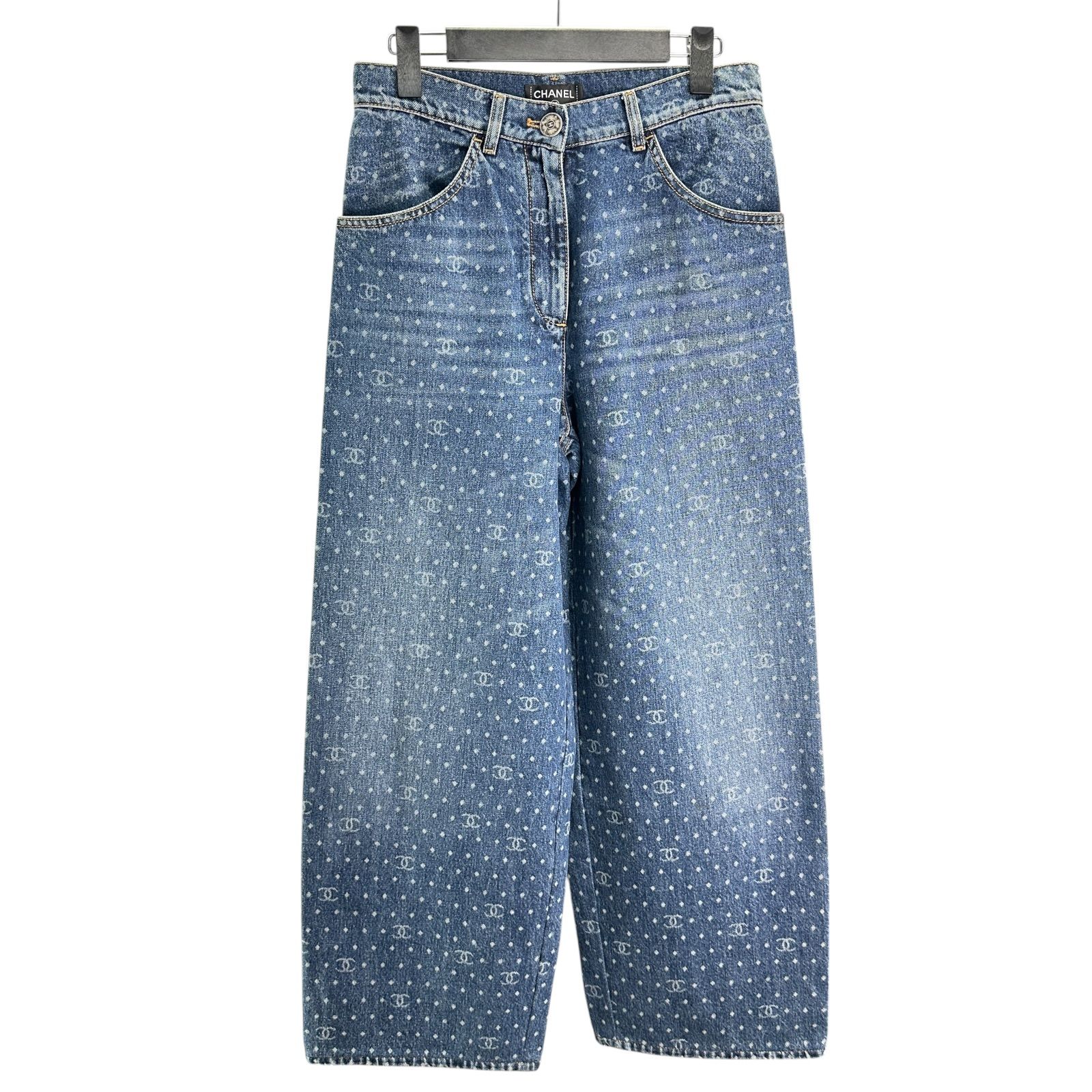 シャネル CHANEL ココマークドットワイドデニムパンツ P74501 ブルー デニム レディース デニムパンツ