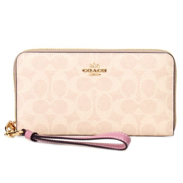 コーチ 長財布 COACH コーティングキャンバス レザー シグネチャー リストレット ロング ジップ アラウンド 長財布 サンド×ピオニー CW778
