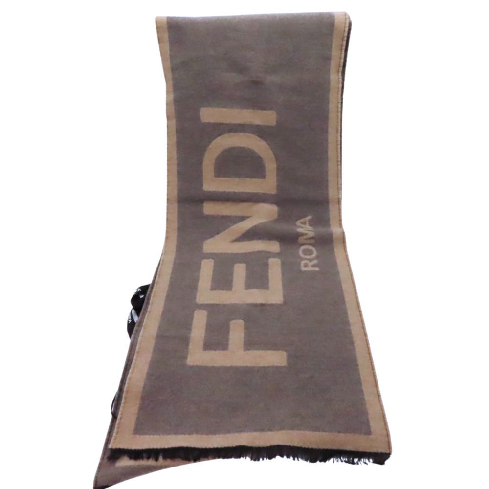 ≪値下げ≫【中古】FENDI フェンディ マフラー FXS124 180cm×30cm ウール シルク ロゴ柄 ストール メンズ レディース ユニセックス ブラウン グレー 茶系 A2601245【無料ギフトラッピング承ります】