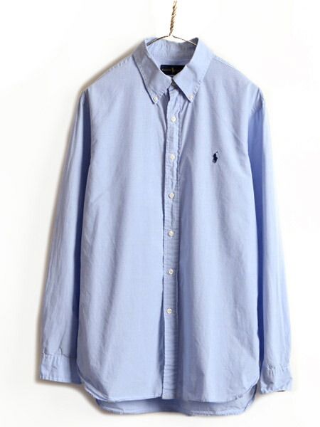 ■ ラルフローレン マチ付き チェック 長袖 ボタンダウン シャツ ( 16 1/2 メンズ M 程) 古着 POLO ポロ スリムフィット 長袖シャツ 薄青
