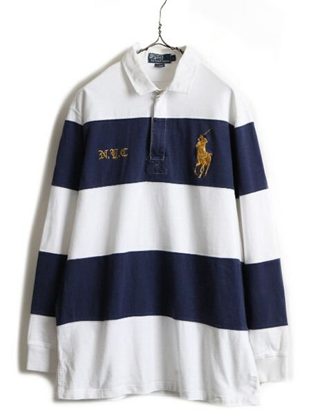 ビッグポニー ■ POLO ポロ ラルフローレン ボーダー 長袖 ラガーシャツ ( メンズ L ) 古着 ラグビー ラグビーシャツ 2トーン ジップネック