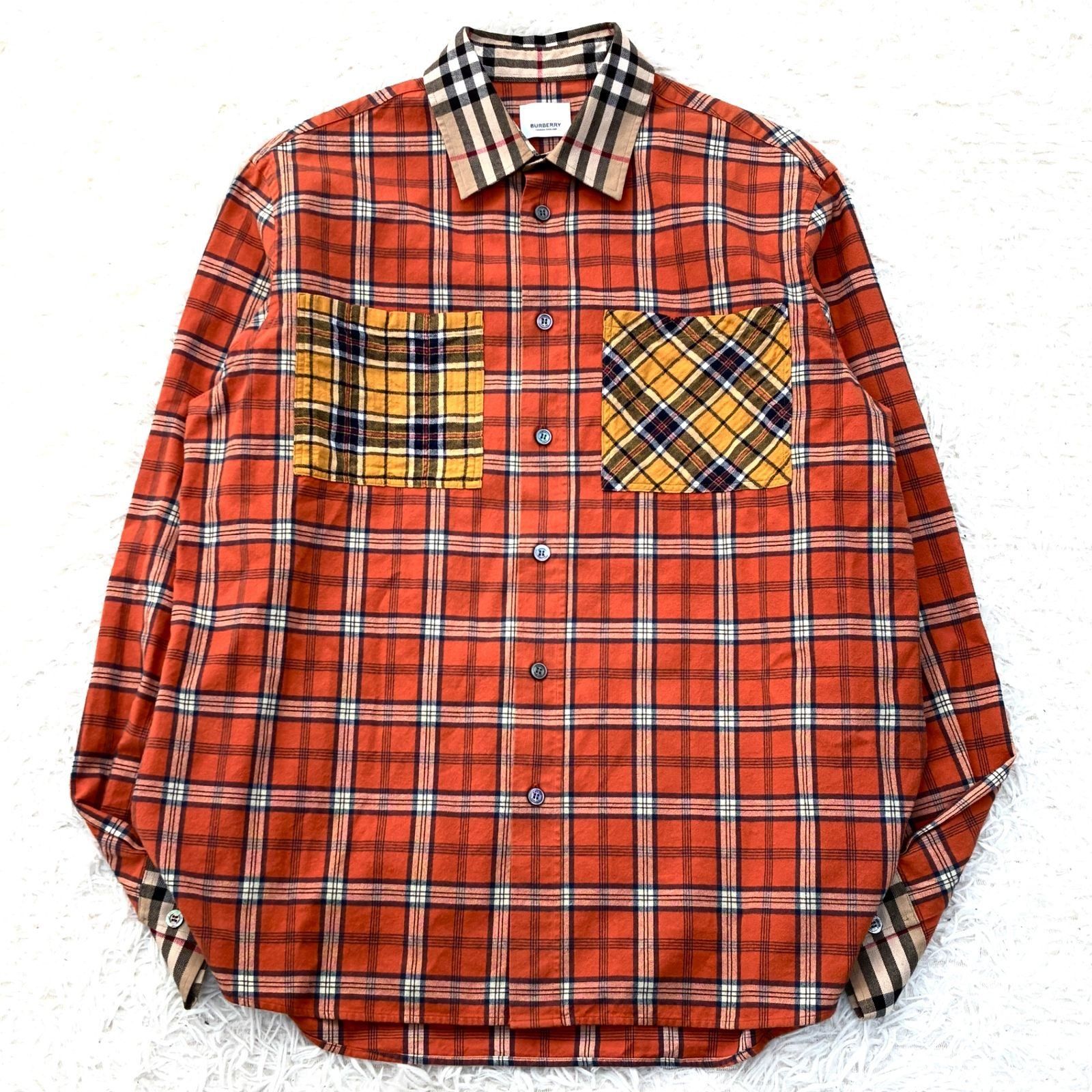 極美品 BURBERRY バーバリー 長袖シャツ ネルシャツ ノバチェック パッチワーク メンズ Mサイズ ハニーベージュ オレンジ 8021807 極美品 BURBERRY バーバリー 長袖シャツ ネルシャツ ノバチェック