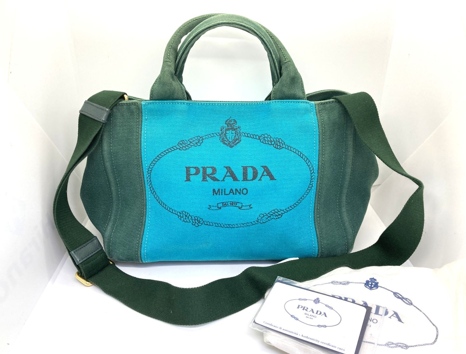 中古 PRADA プラダ カナパカラー 2WAY キャンバス ショルダー トートバッグ White Tag No. 58 グリーン CANAPA COLOUR 29891