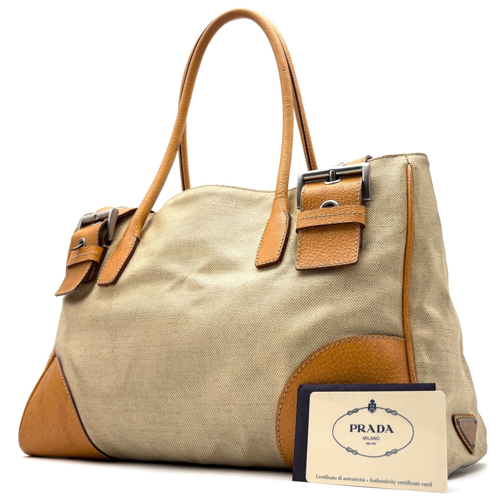 PRADA プラダ 側面 三角ロゴ ダブルベルト トートバッグ ハンドバッグ ベージュ キャメル キャンバス レザー マチ広 大容量 普段使い 通勤 通学 旅行 夏休み お出かけ 夏のボーナス