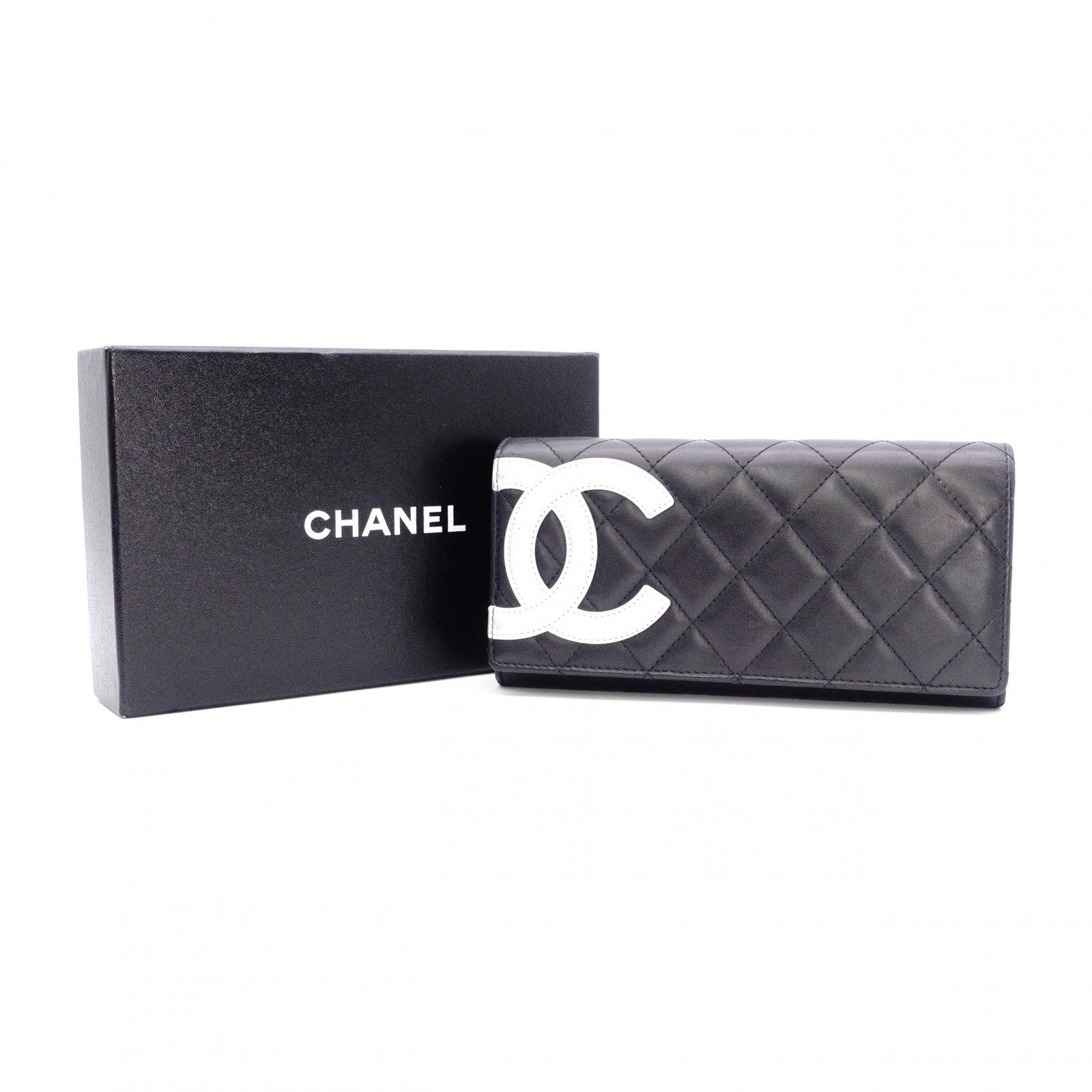 CHANEL シャネル ラムスキン カンボン ライン 長財布 レザー ブラック シルバー CCロゴ
